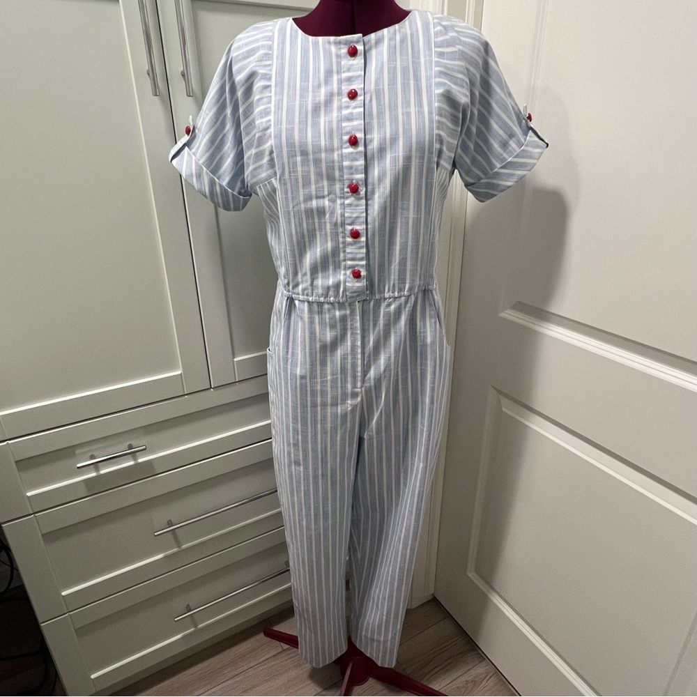 NEW HANDMADE Striped Cotton Jumpsuit Blue w Red Buttons Elastic 34" Waist L/XL